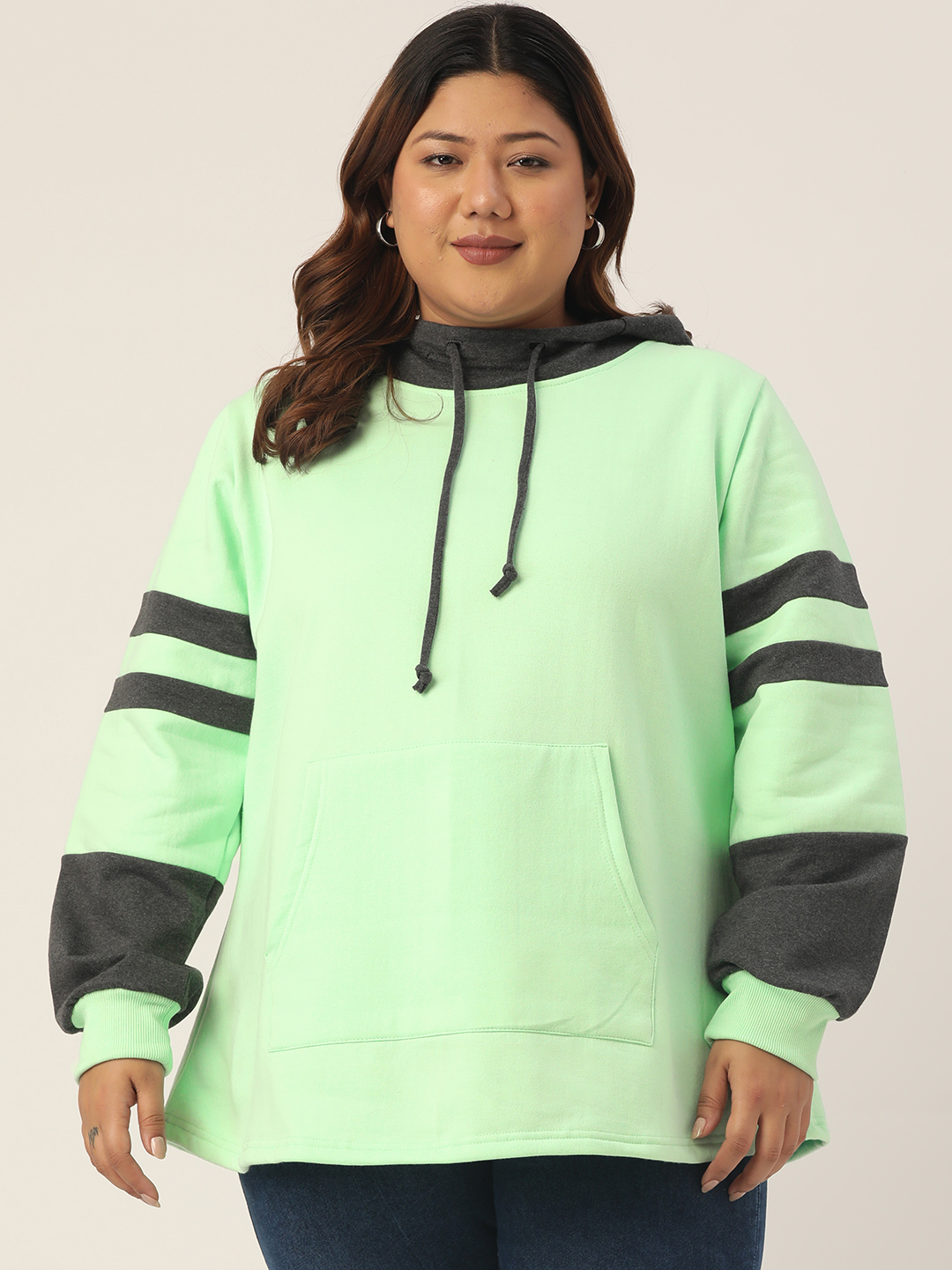 Women's Plus Size Sea Green & Charcoal Grey Solid Color Block Sweatshirt