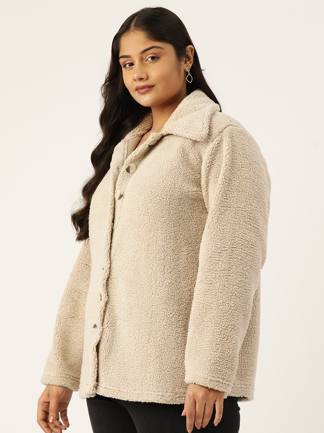 Women's Plus Size Off White Color Teddy Winter Jacket
