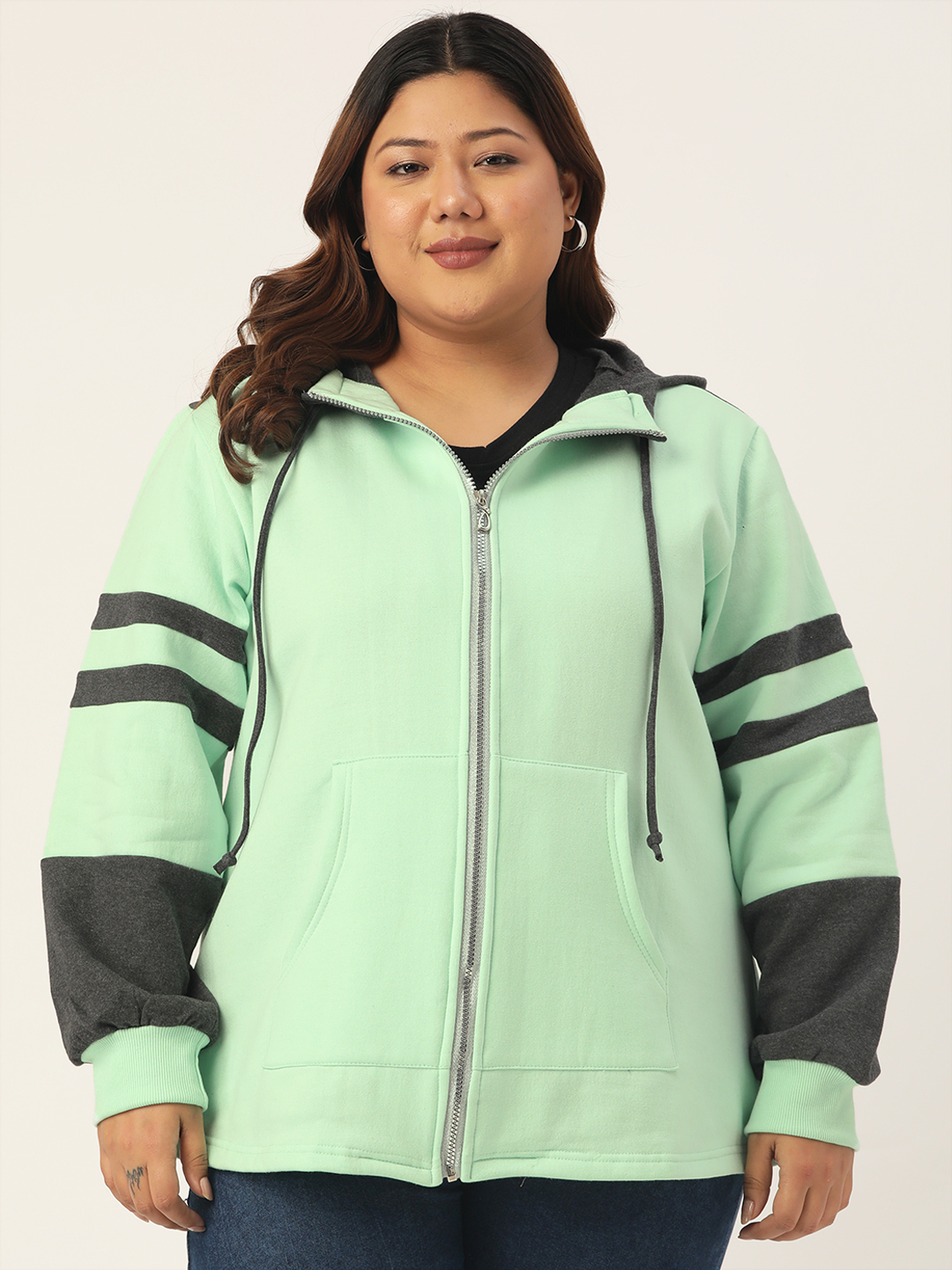 Women's Plus Size Sea Green and Charcoal Grey Solid Color Block Fleece Jackets
