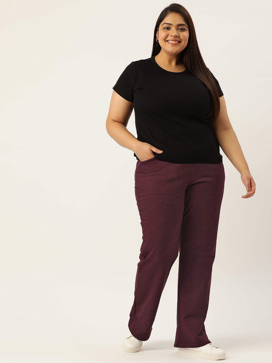 Women's Plus Size Plum solid color knitted fleece trousers