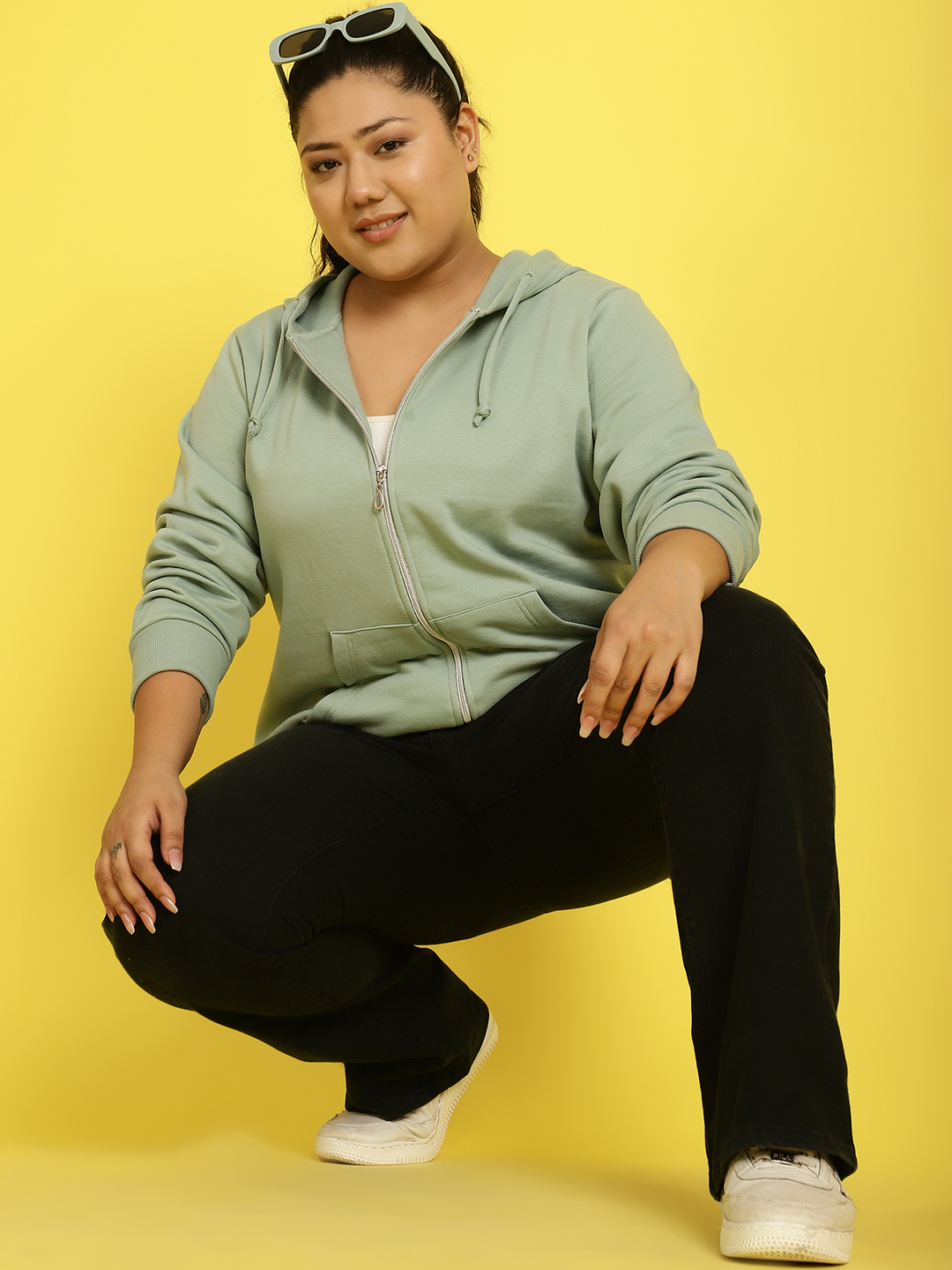 Women's Plus Size Light Green solid color fleece winter jacket
