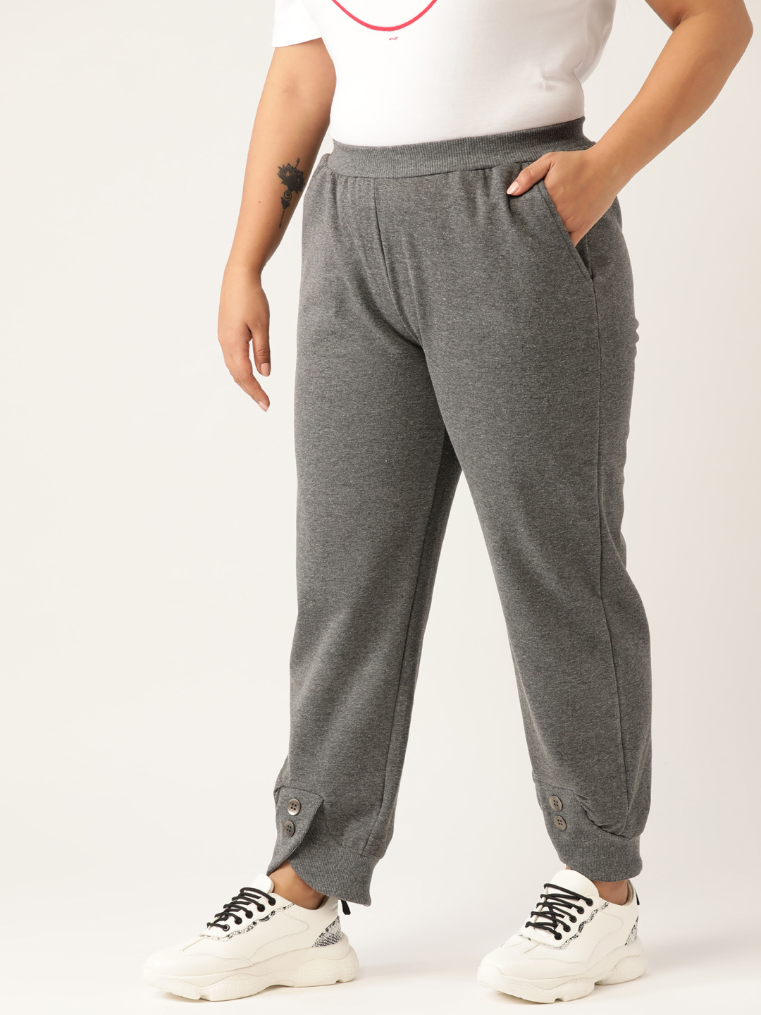 Women's Plus Size Charcoal Grey Solid Color Knitted Winter Trouser