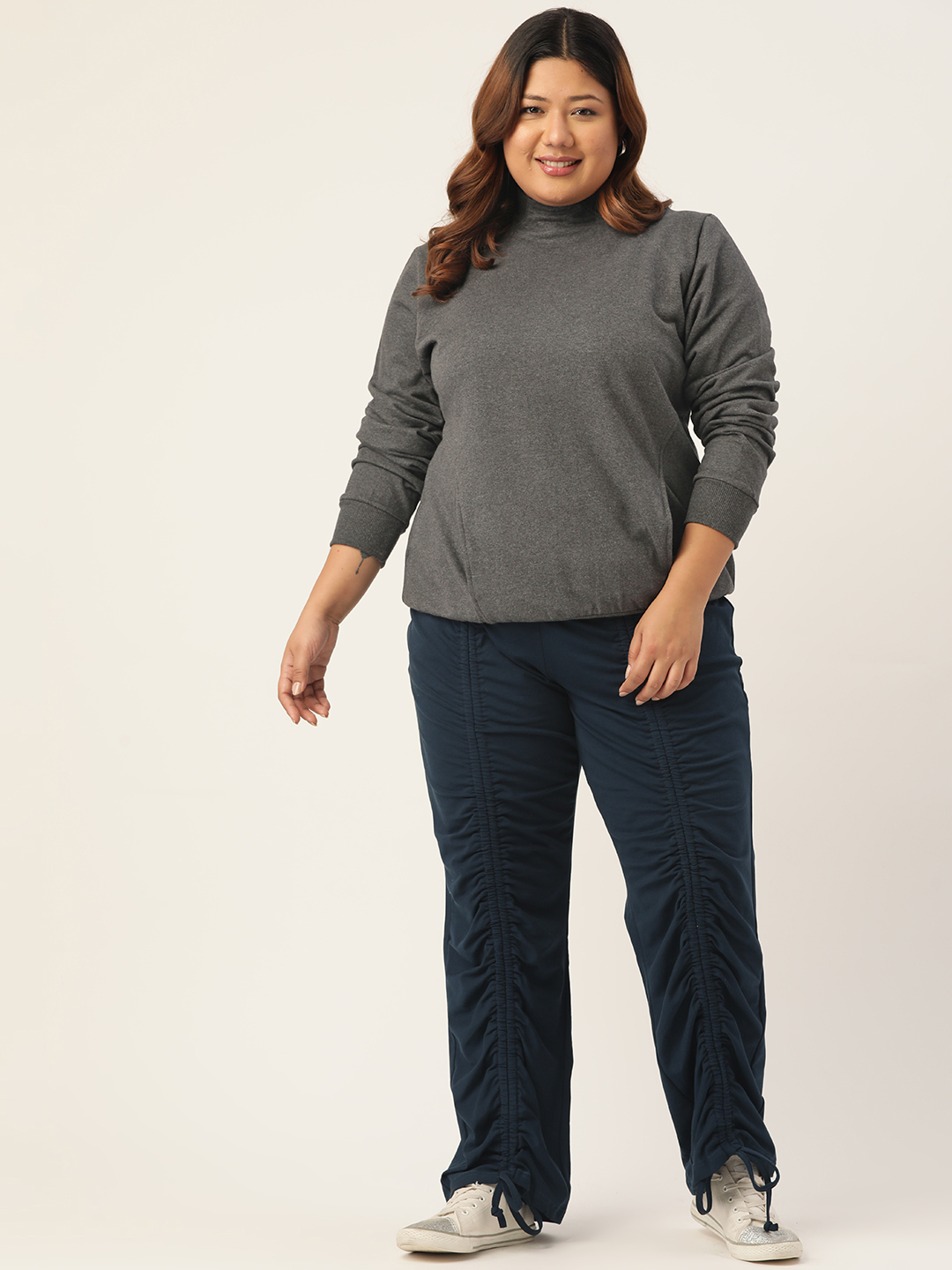 Women's Plus Size Charcoal Grey Solid Color Fleece Winter Ribbed Sweatshirt
