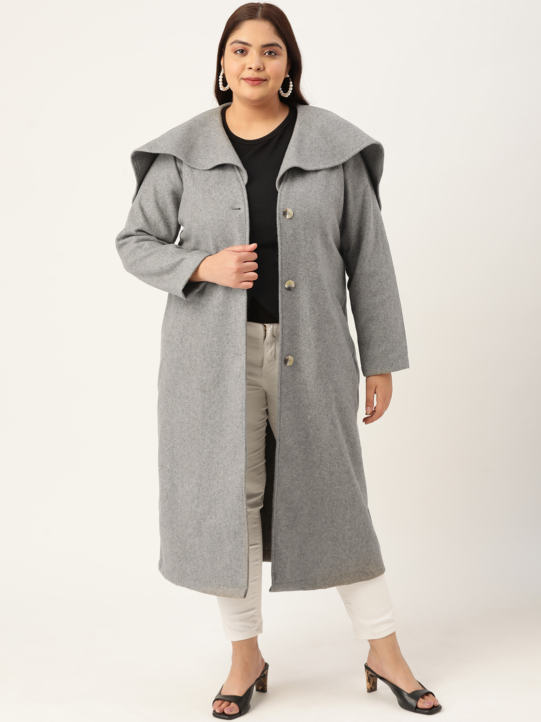Women's Plus Size Grey Solid Color Longline Felt Jacket