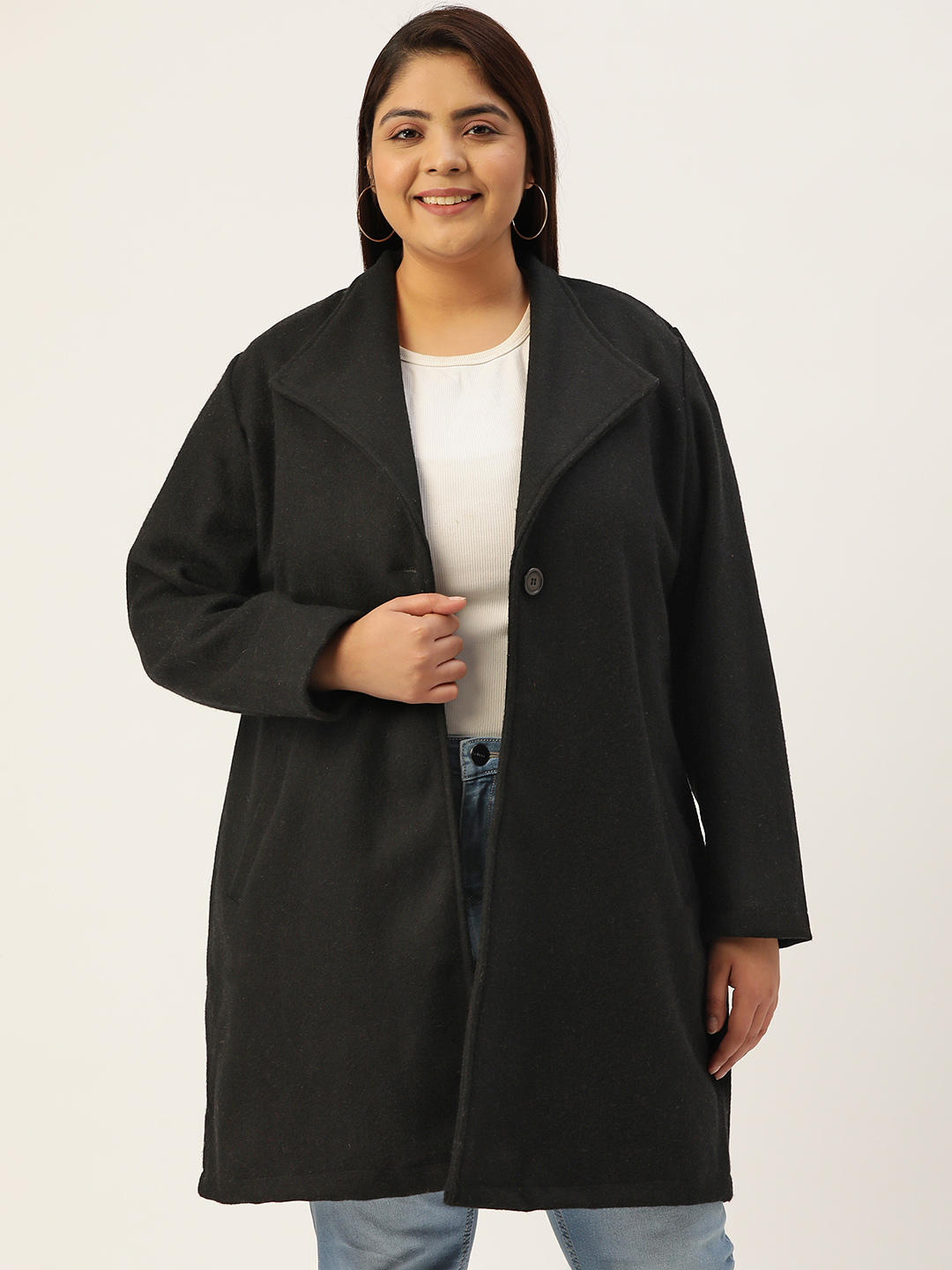 Women's Plus Size Black Solid Color Single breasted Longline Felt Jacket