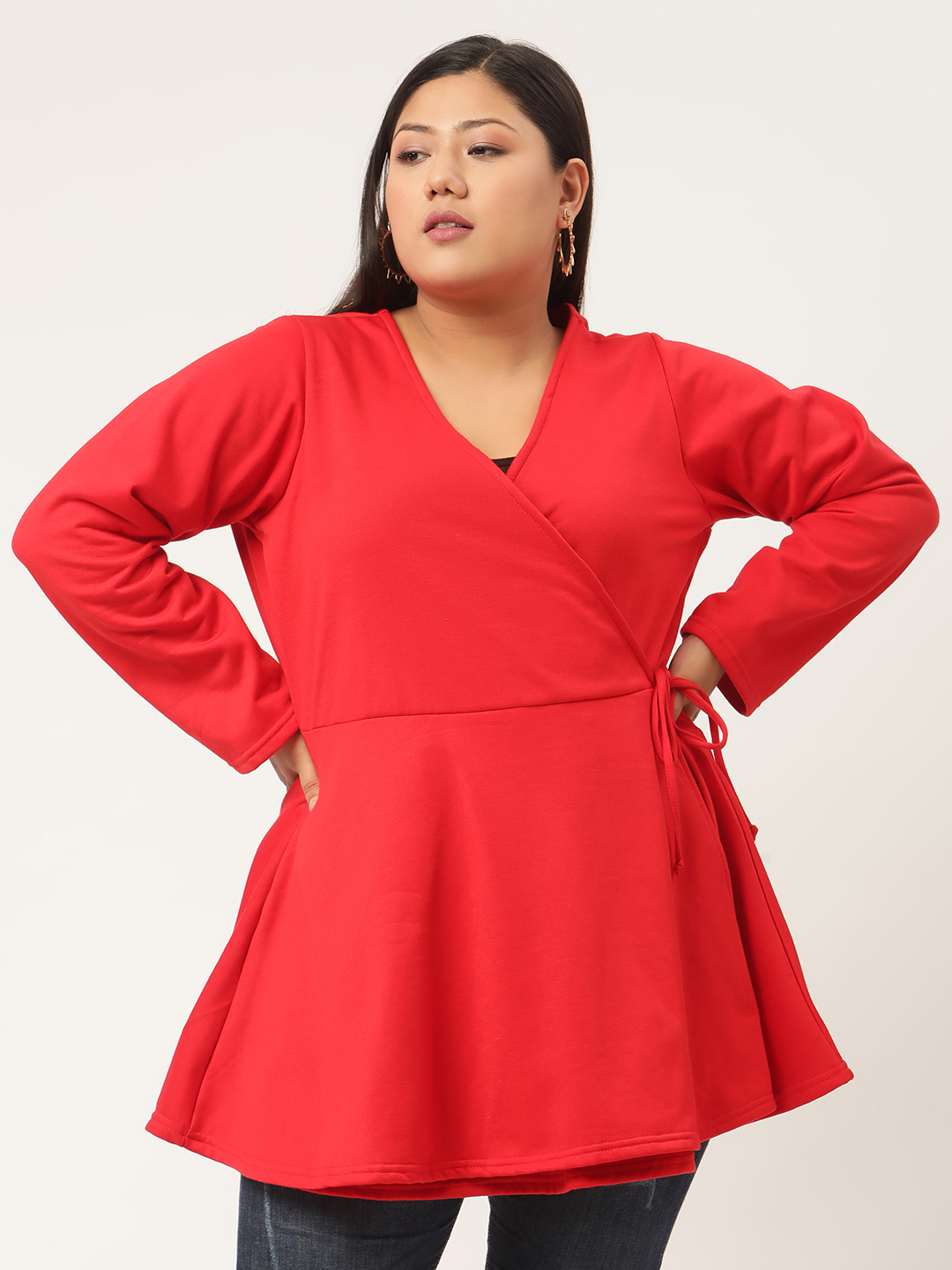 Women's Plus Size Red Solid Color Fleece Peplum Top