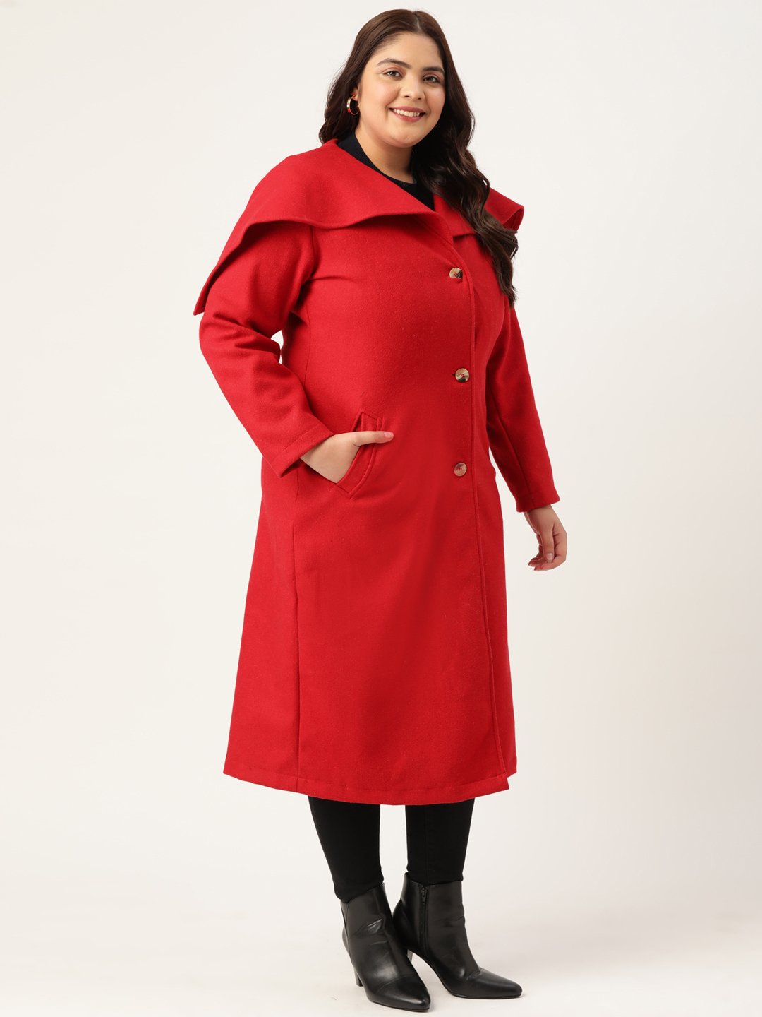Women's Plus Size Red Solid Color Longline Felt Jacket