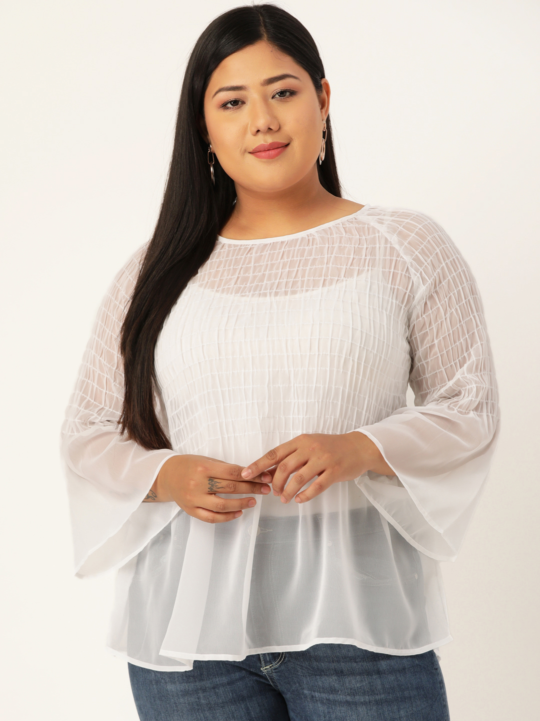 Women's Plus Size White Solid Color Semi Sheer Smocked A-Line Top
