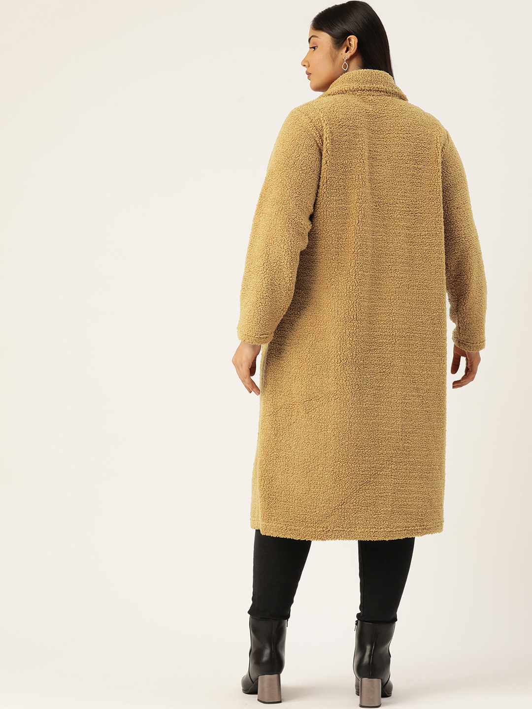 Women's Plus Size Camel Brown Color Teddy Winter Longline Jacket