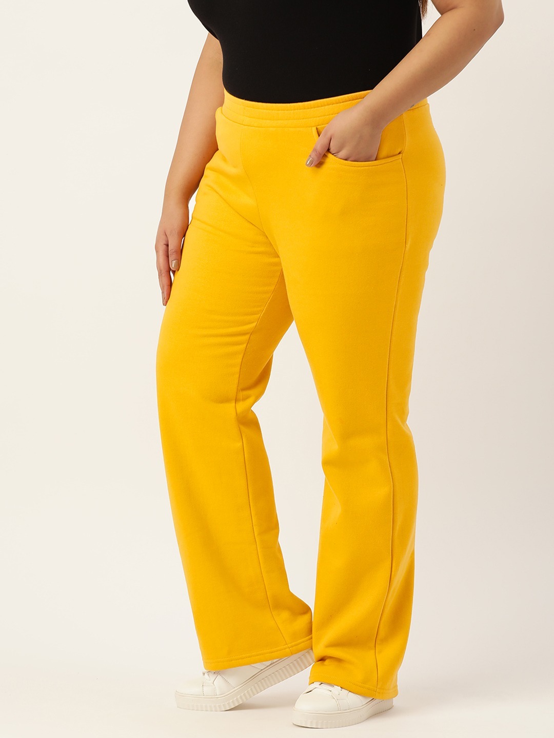 Women's Plus Size Mustard solid color knitted fleece trousers
