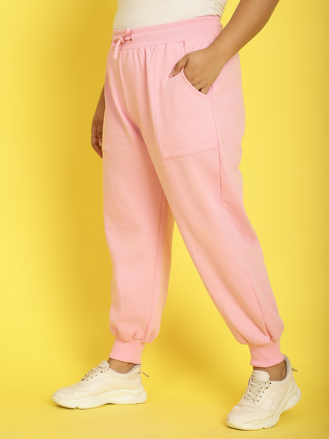 Women's Plus Size Light Pink Solid Color Fleece Winter Tapered Trouser
