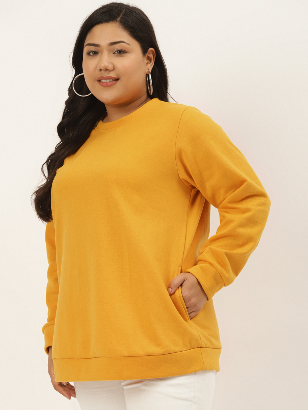 theRebelinme Plus Women's Mustard solid color knitted Fleece sweatshirt