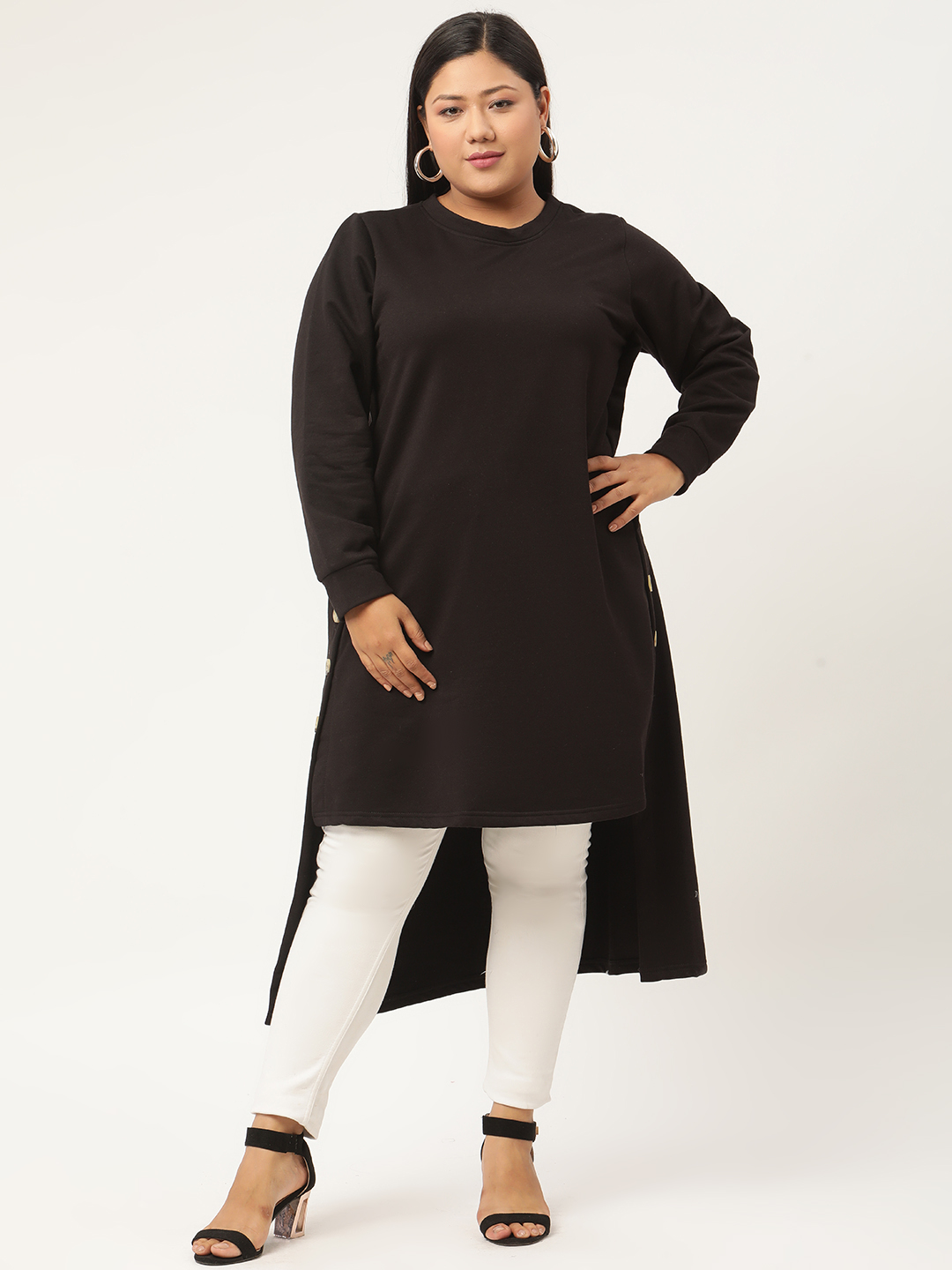 Women's Plus Size Black Solid Color Fleece Winter Longline Top