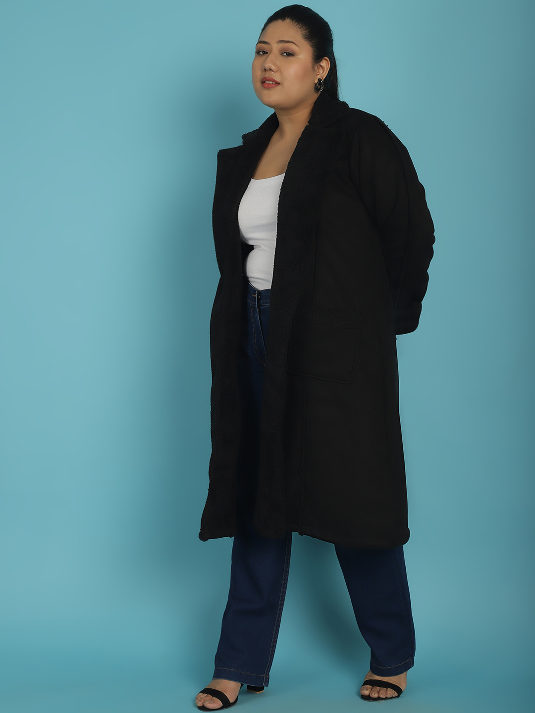 Women's Plus Size Black Solid Color bonded Fur Longline Jacket