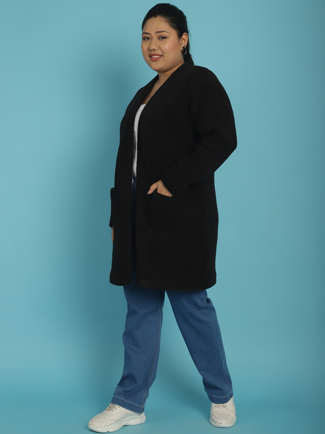 Women's Plus Size Black Solid Color Teddy Longline Jacket