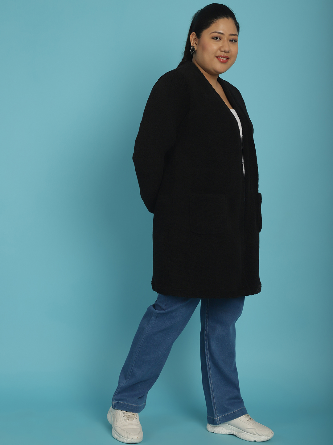 Women's Plus Size Black Solid Color Teddy Longline Jacket
