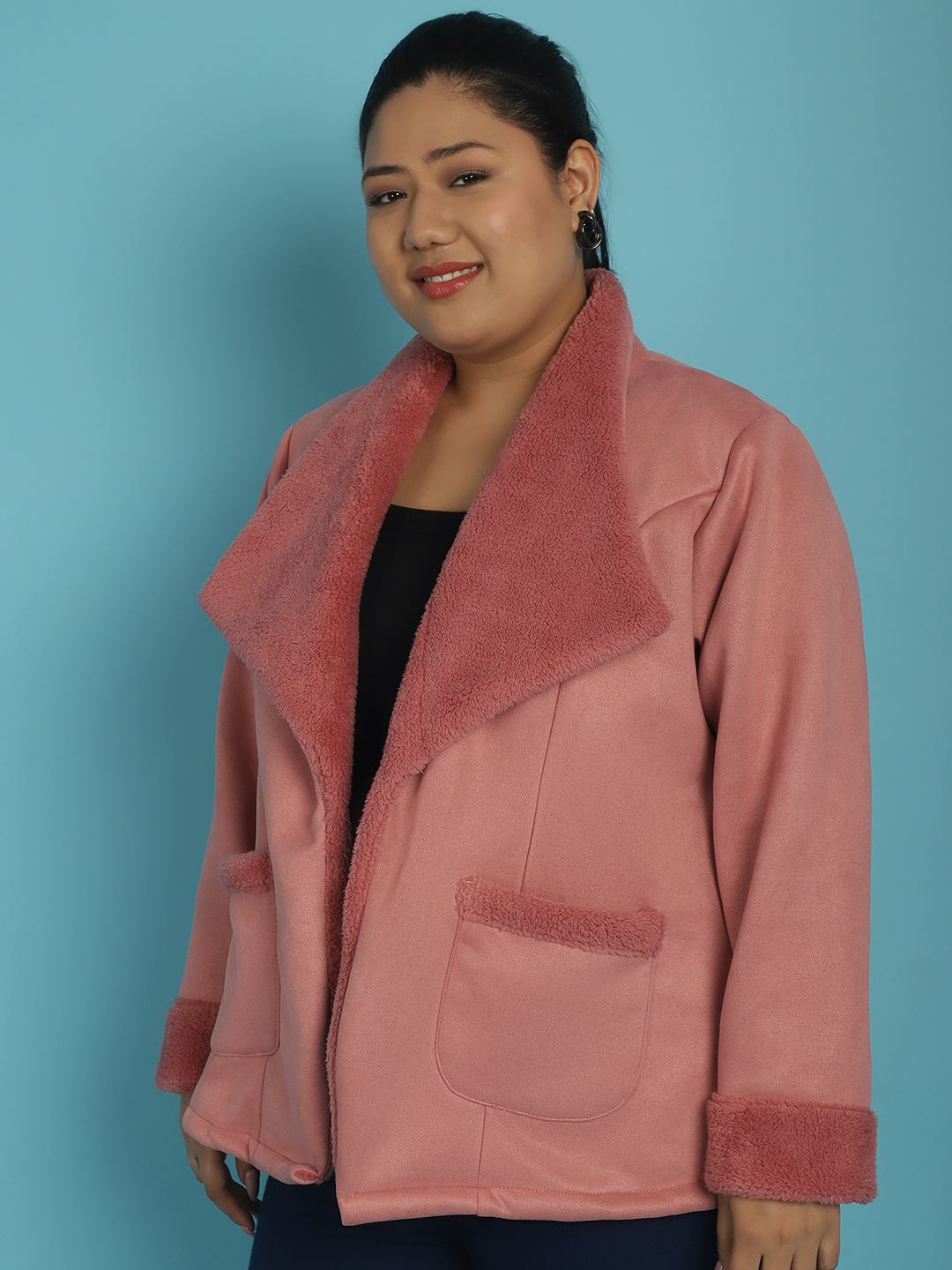Women's Plus Size Pink Solid Color bonded Fur Jacket