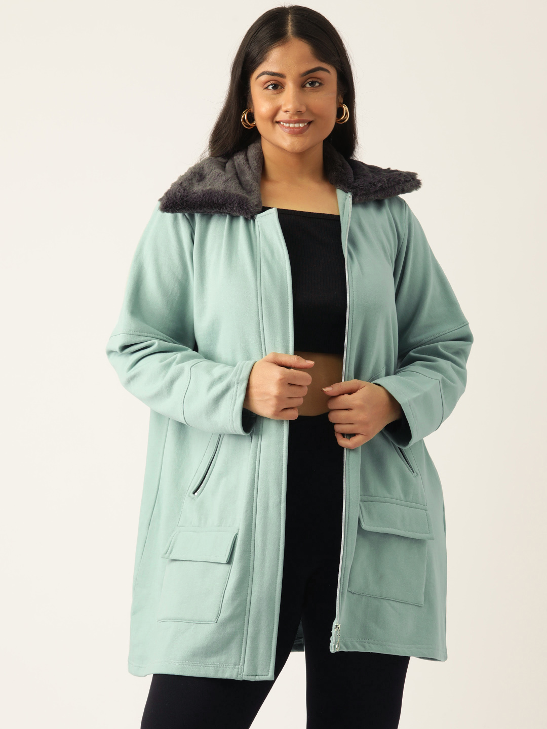 Women's Plus Size Light Green Solid Color Fleece Winter Longline Jacket
