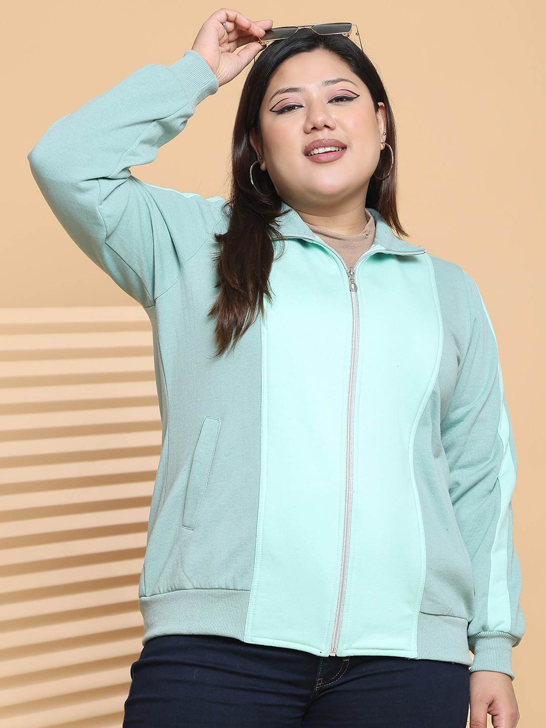 Women's Plus Size Light Green & Sea Green color block Fleece winter Jacket