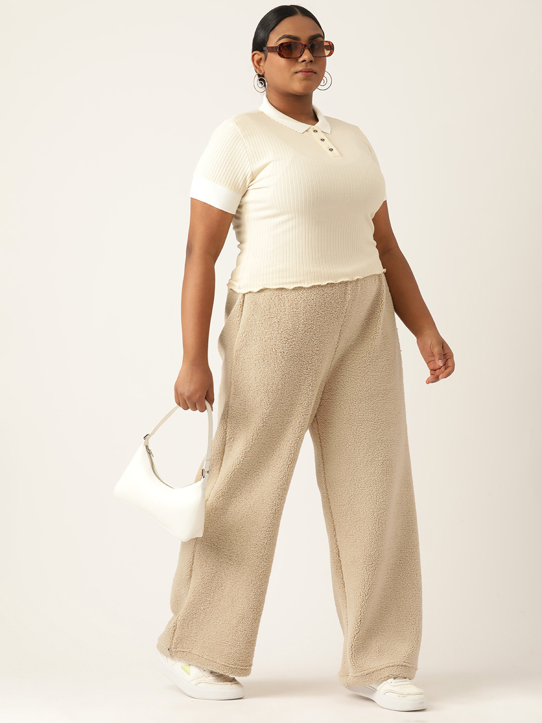 Women's Plus Size Off White Solid Color Teddy Winter Trouser