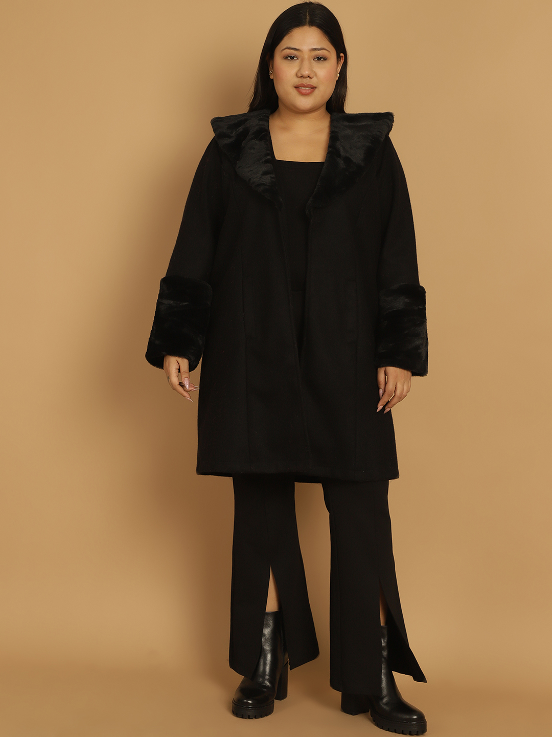 Plus Size authentic Black Faux Fur Coat