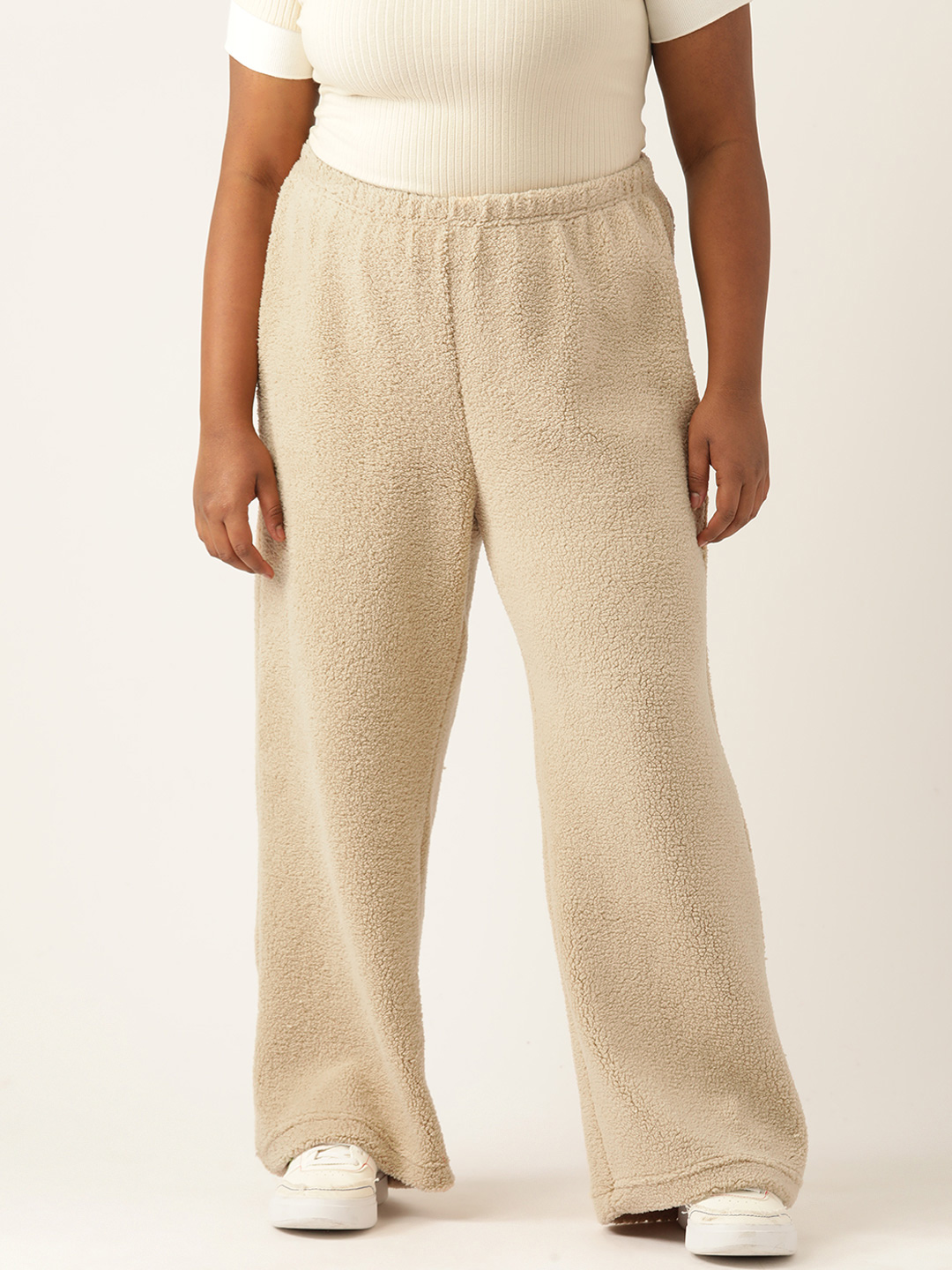 Women's Plus Size Off White Solid Color Teddy Winter Trouser