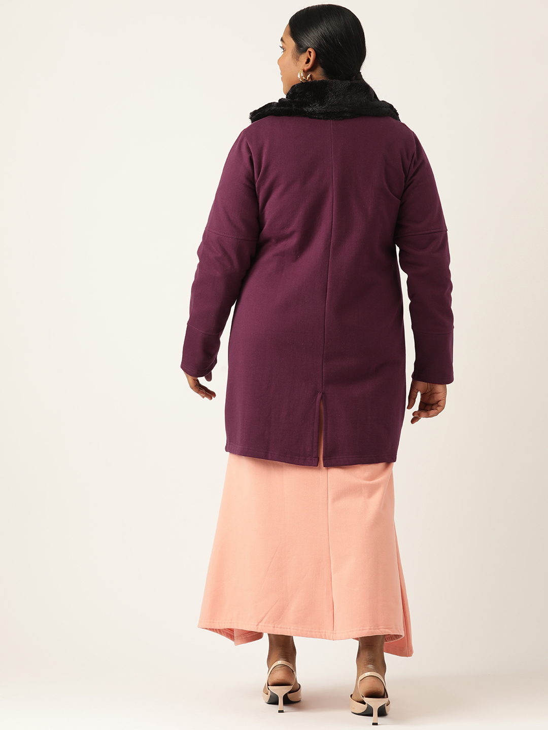 Women's Plus Size Plum Solid Color Fleece Winter Longline Jacket