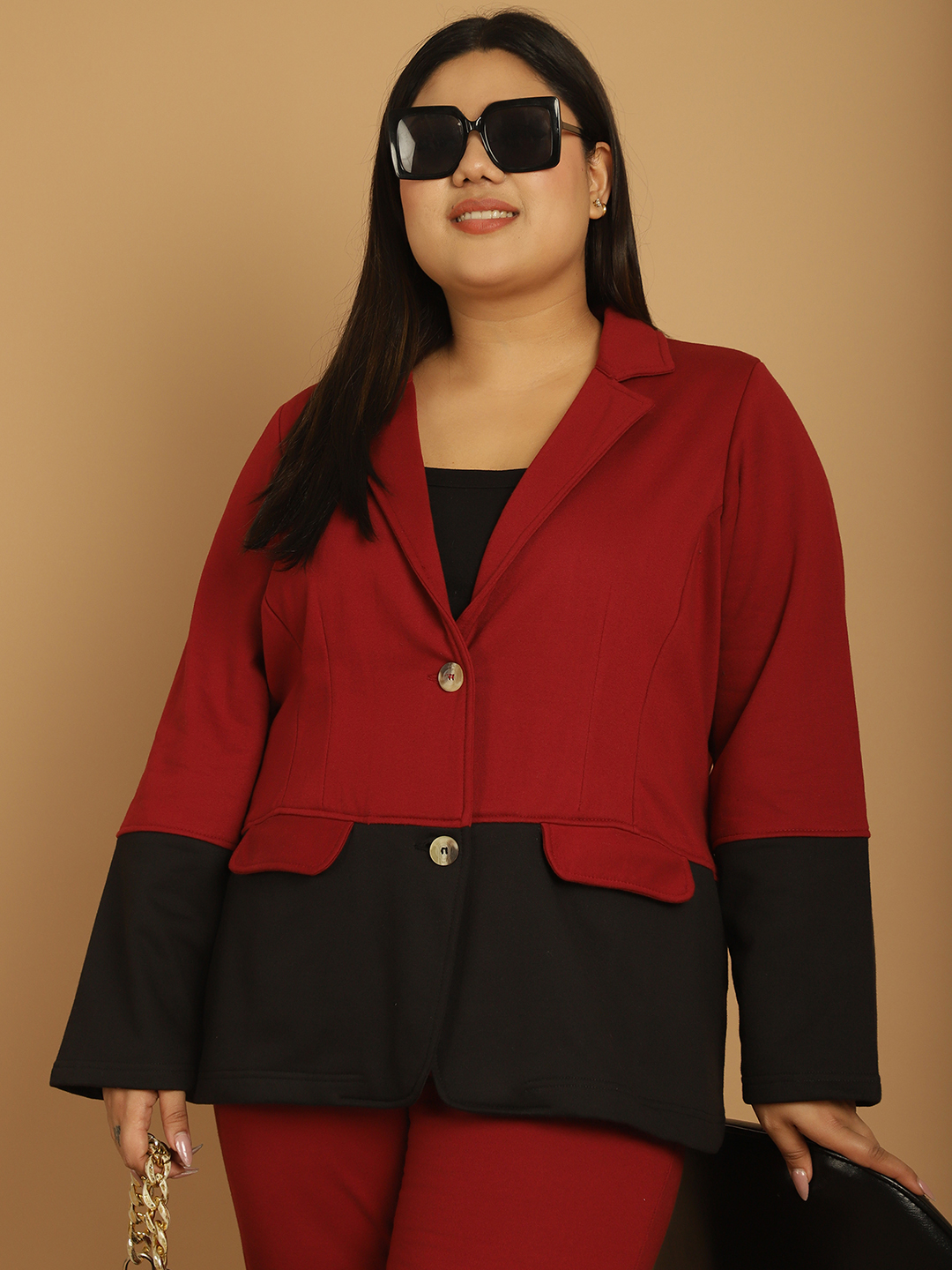 theRebelinme Plus Size Maroon & Black Color Block Knitted Jacket