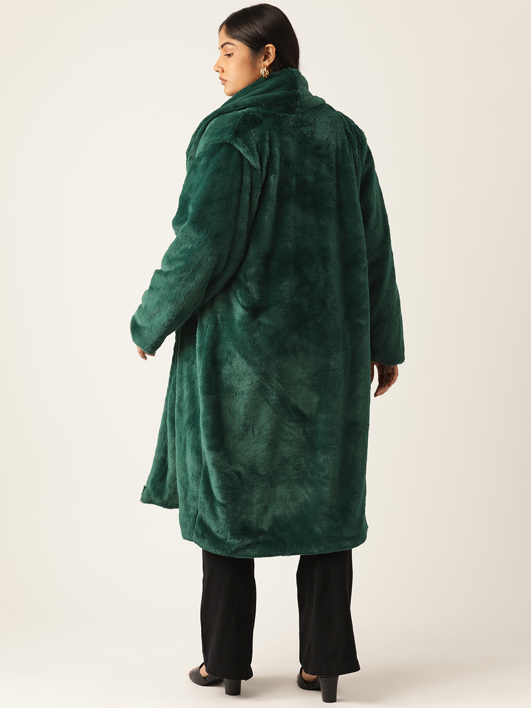 Women's Plus Size Bright Green soild color faux fur longline winter jacket with attached lining