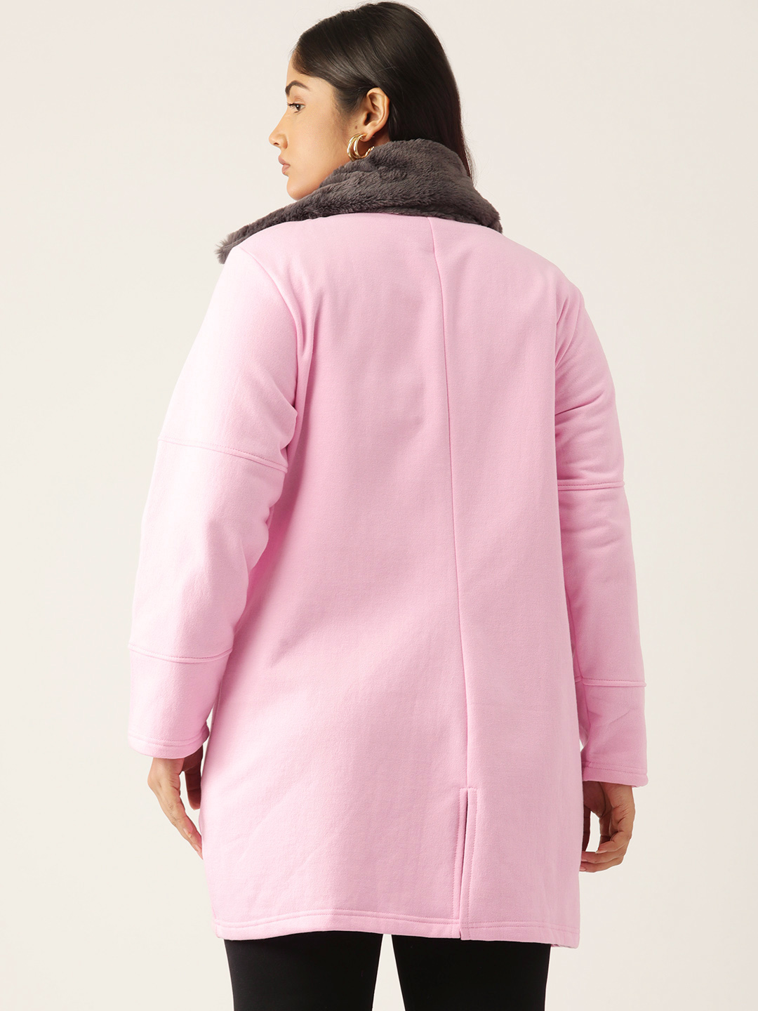 Women's Plus Size Light Pink Solid Color Fleece Winter Longline Jacket
