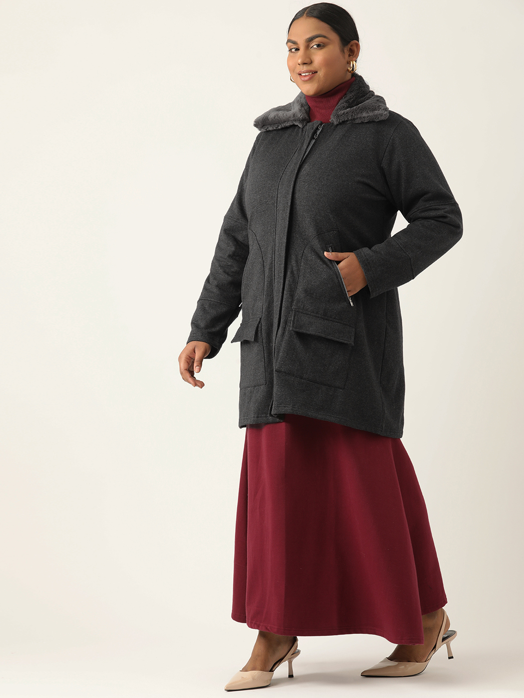 Women's Plus Size Charcoal Grey Solid Color Fleece Winter Longline Jacket