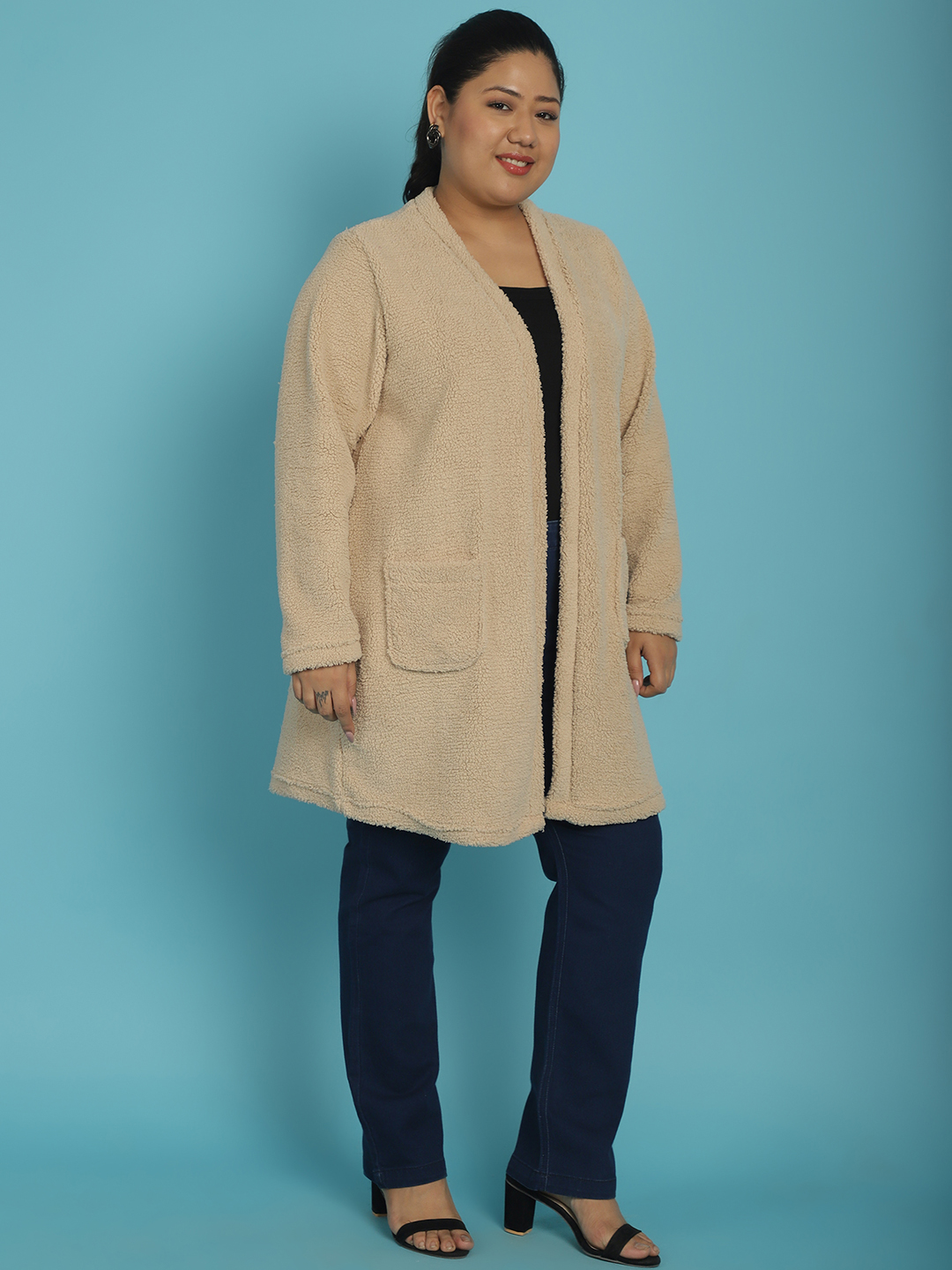 Women's Plus Size Off White Solid Color Teddy Longline Jacket