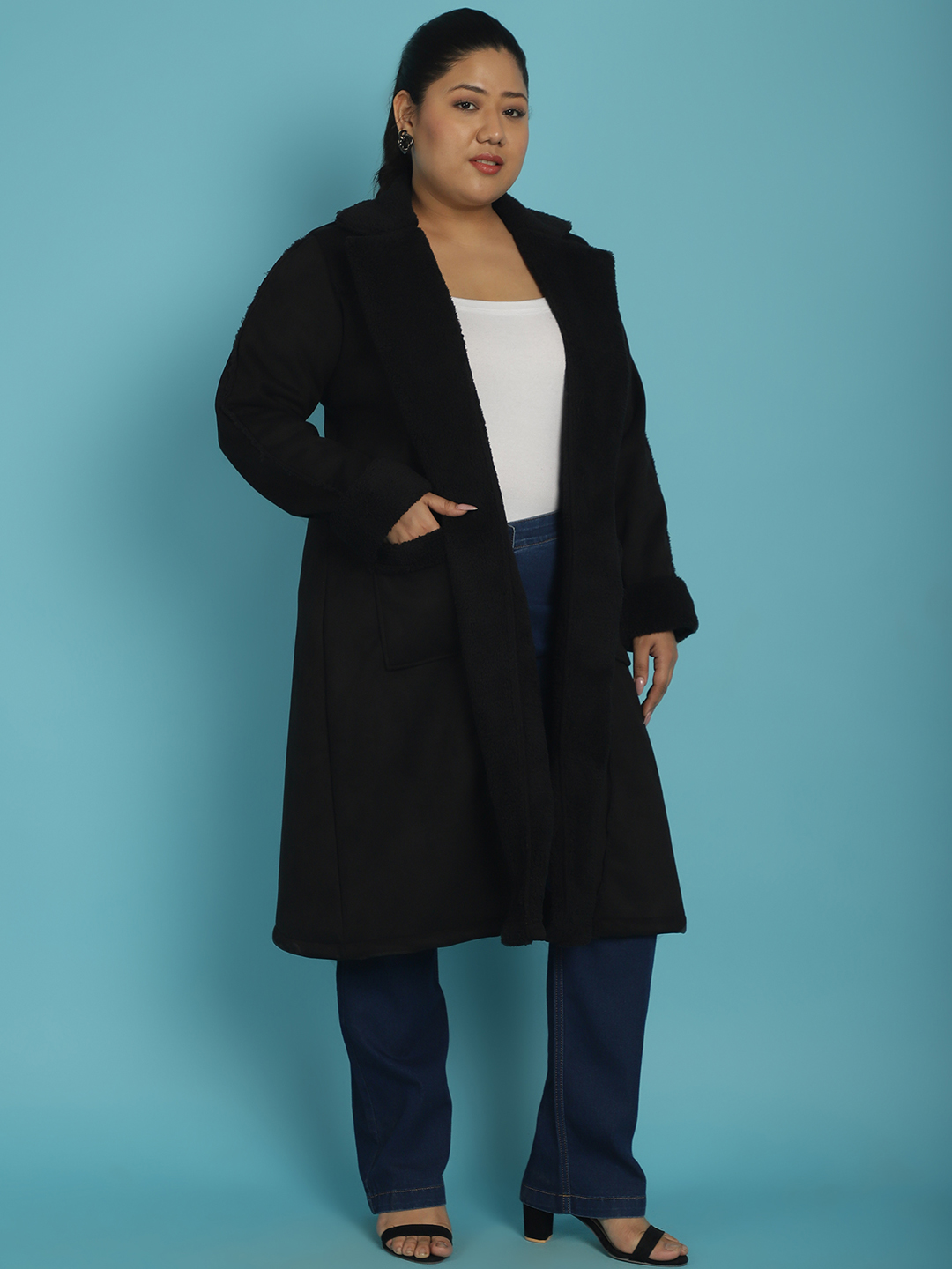 Women's Plus Size Black Solid Color bonded Fur Longline Jacket