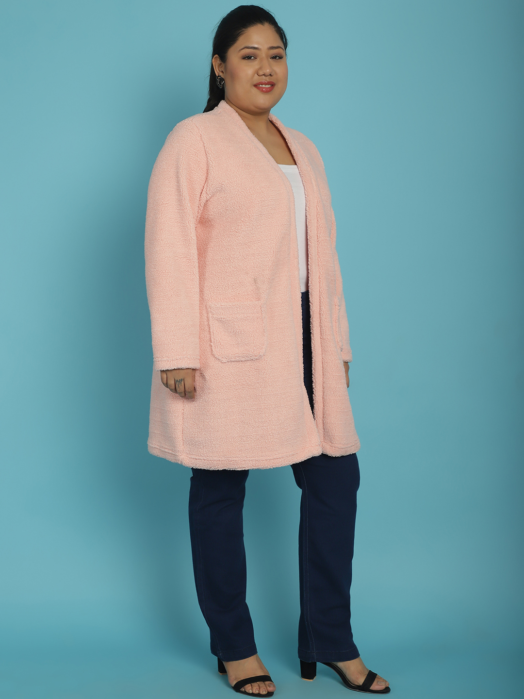Women's Plus Size Pink Solid Color Teddy Longline Jacket