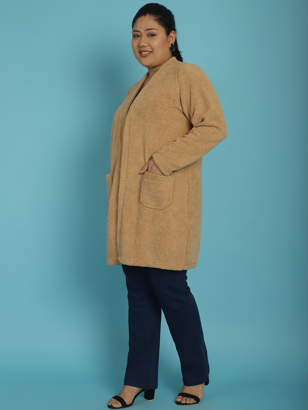 Women's Plus Size Camel Brown Solid Color Teddy Longline Jacket