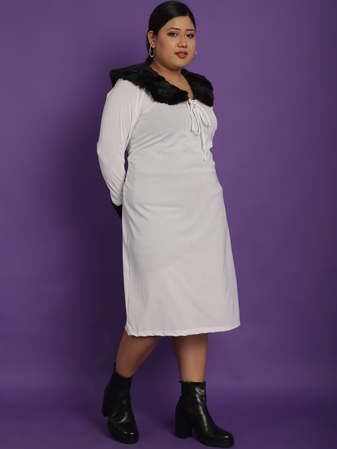 Women's Plus Size White Solid Color Party Wear Poly Knit Dress