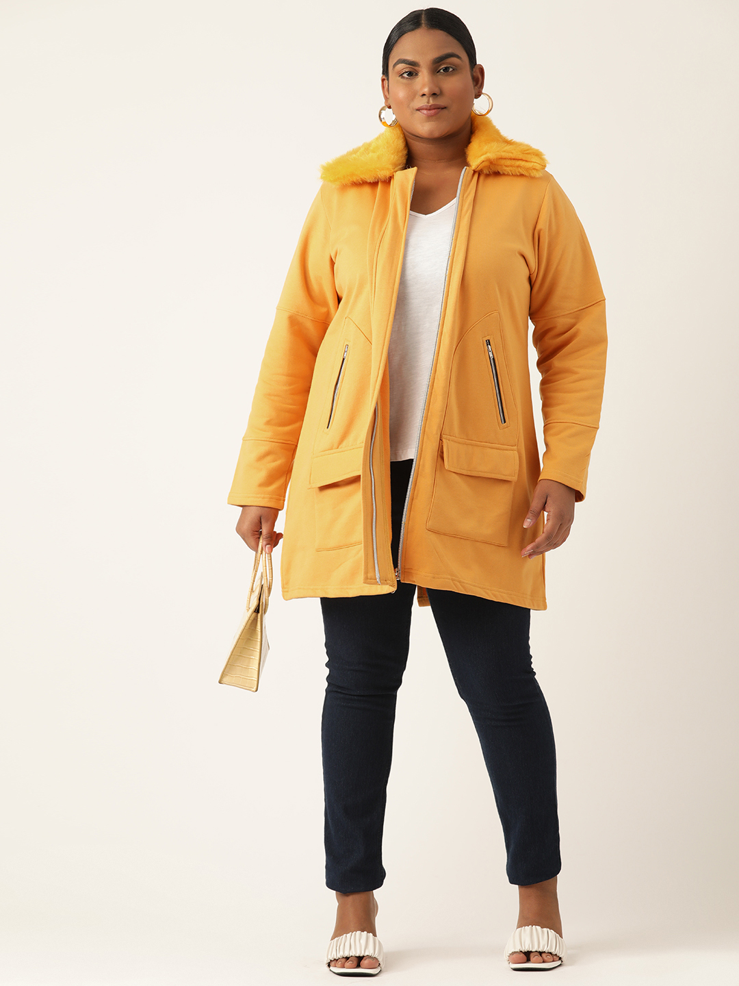 Women's Plus Size Yellow Solid Color Fleece Winter Longline Jacket