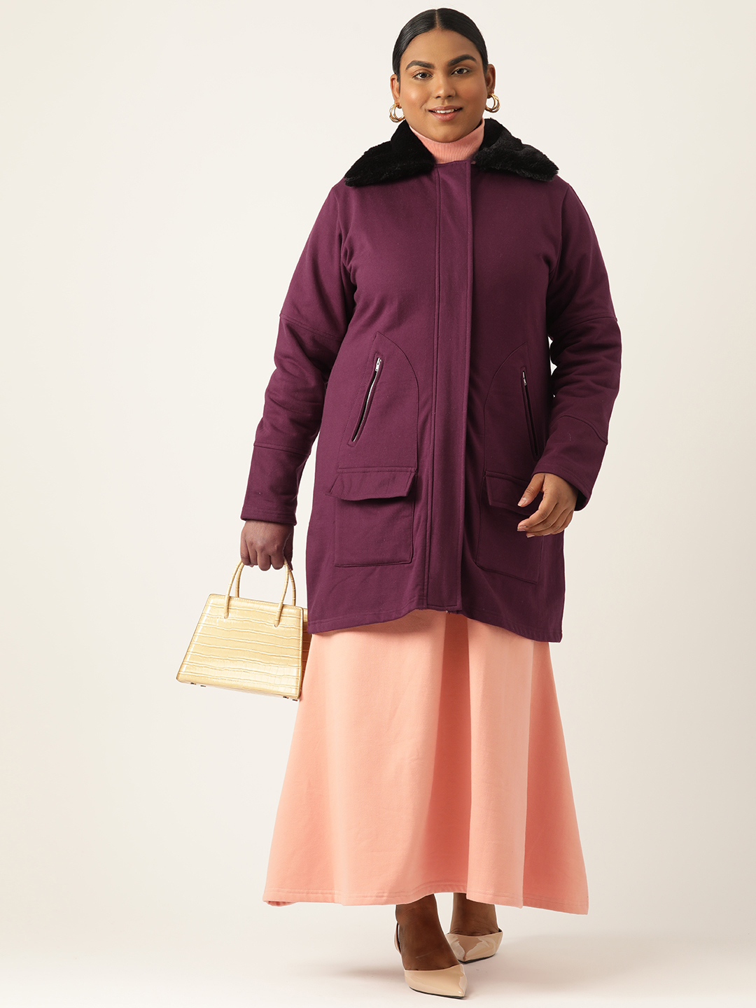 Women's Plus Size Plum Solid Color Fleece Winter Longline Jacket