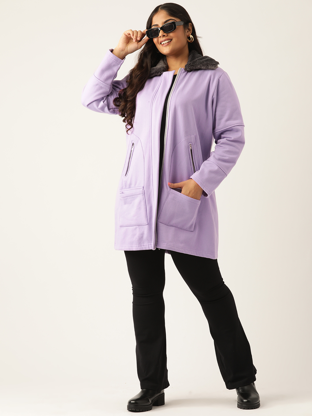 Women's Plus Size Lilac Solid Color Fleece Winter Longline Jacket