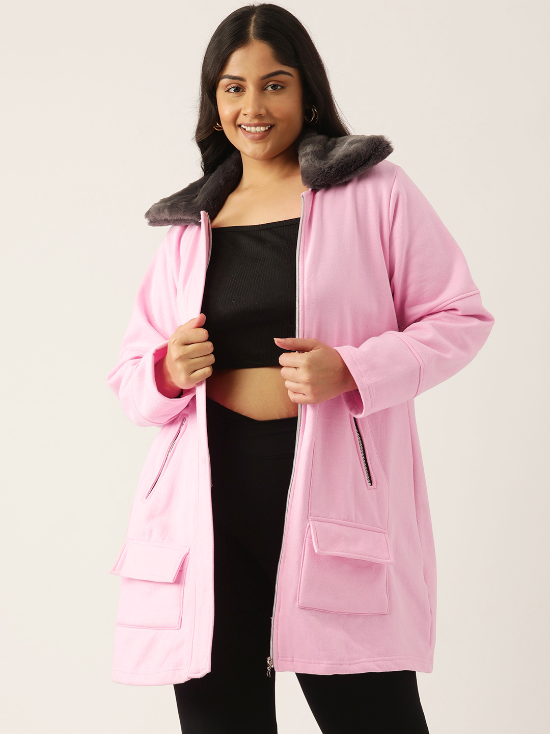 Women's Plus Size Light Pink Solid Color Fleece Winter Longline Jacket