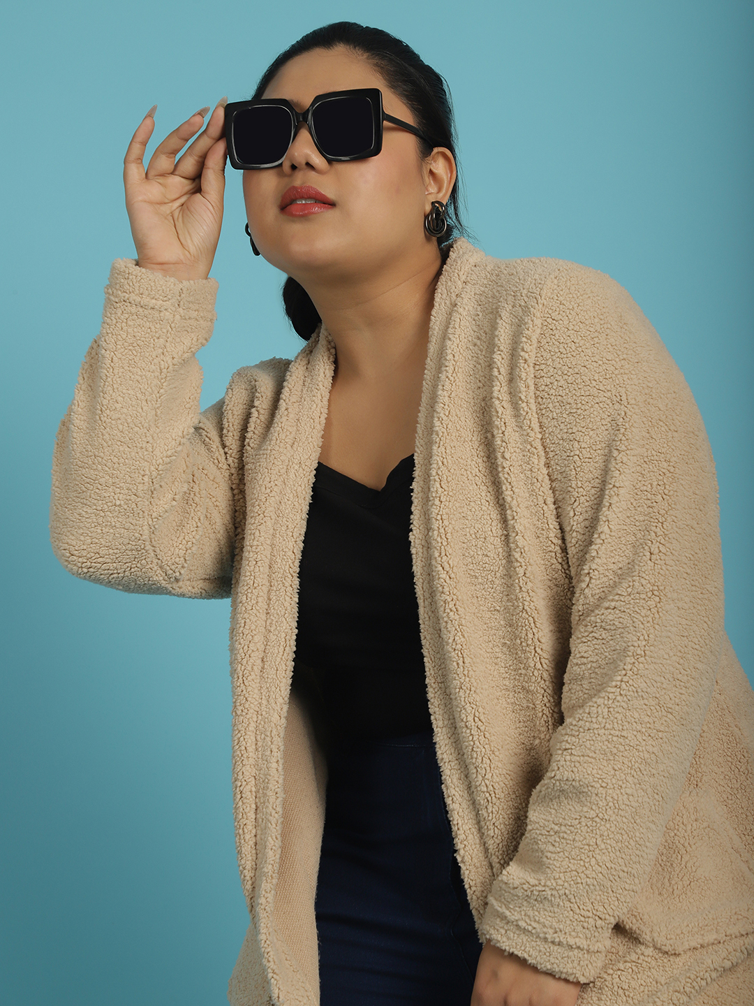 Women's Plus Size Off White Solid Color Teddy Longline Jacket