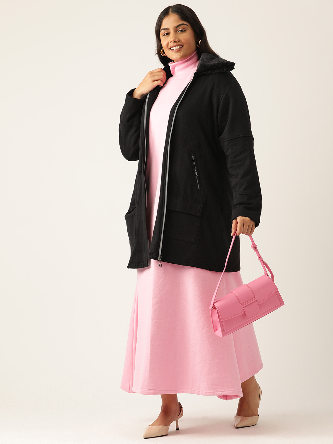 Women's Plus Size Black Solid Color Fleece Winter Longline Jacket