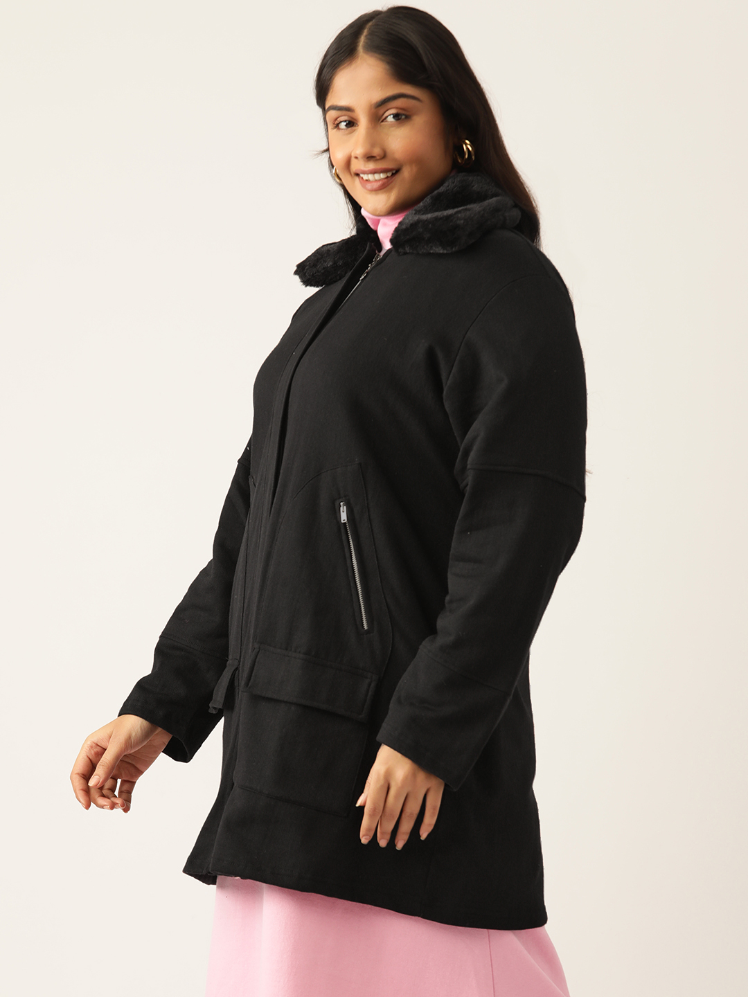 Women's Plus Size Black Solid Color Fleece Winter Longline Jacket
