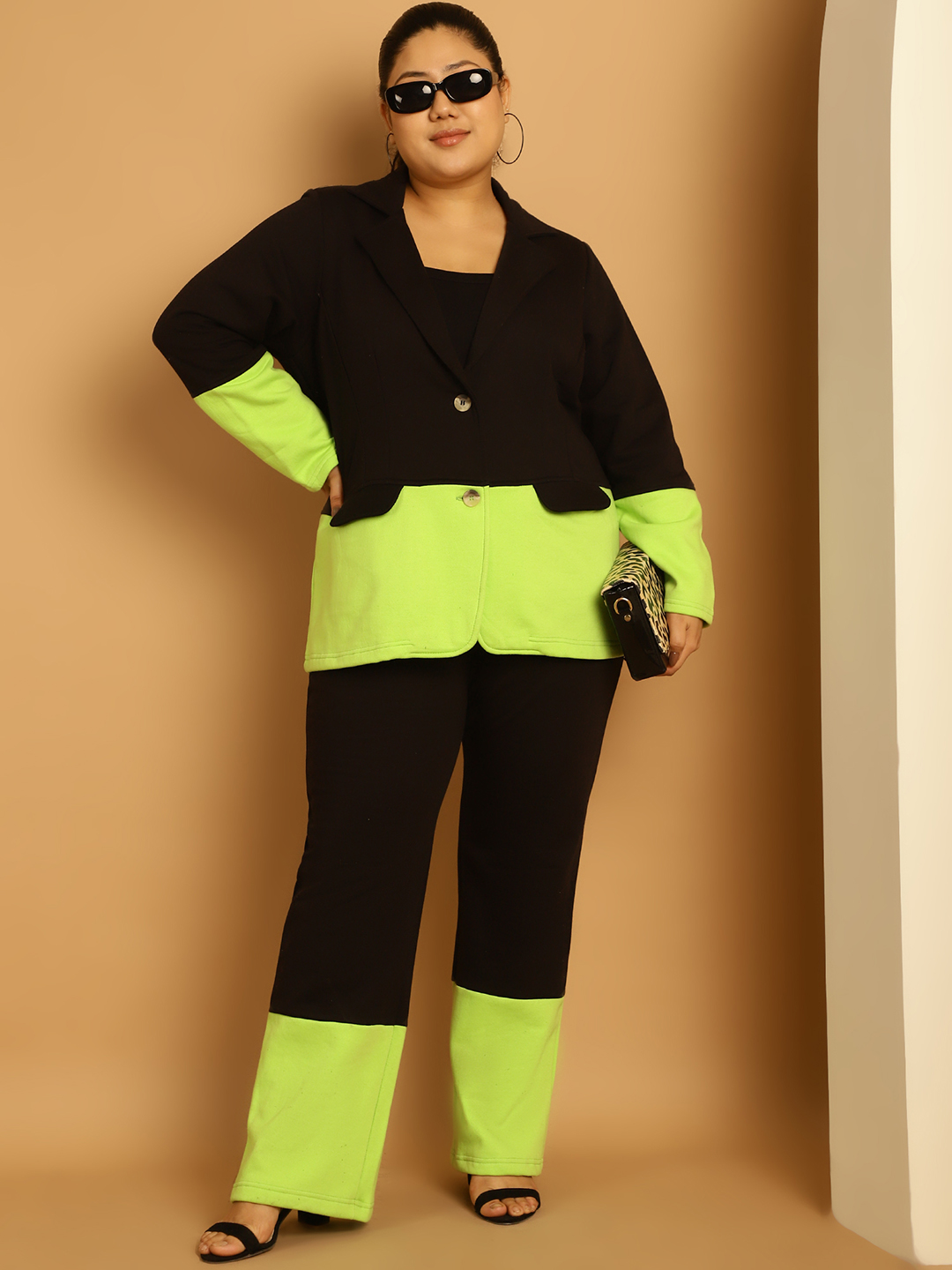 Women's Plus Size Bright Green & Black Color Block Winter Trouser
