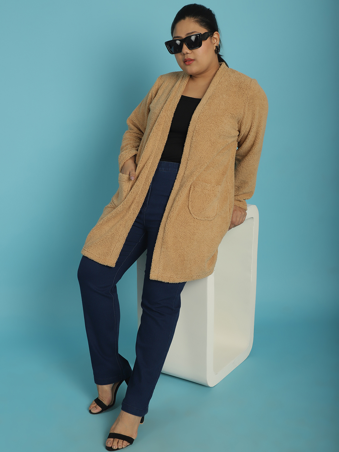 Women's Plus Size Camel Brown Solid Color Teddy Longline Jacket