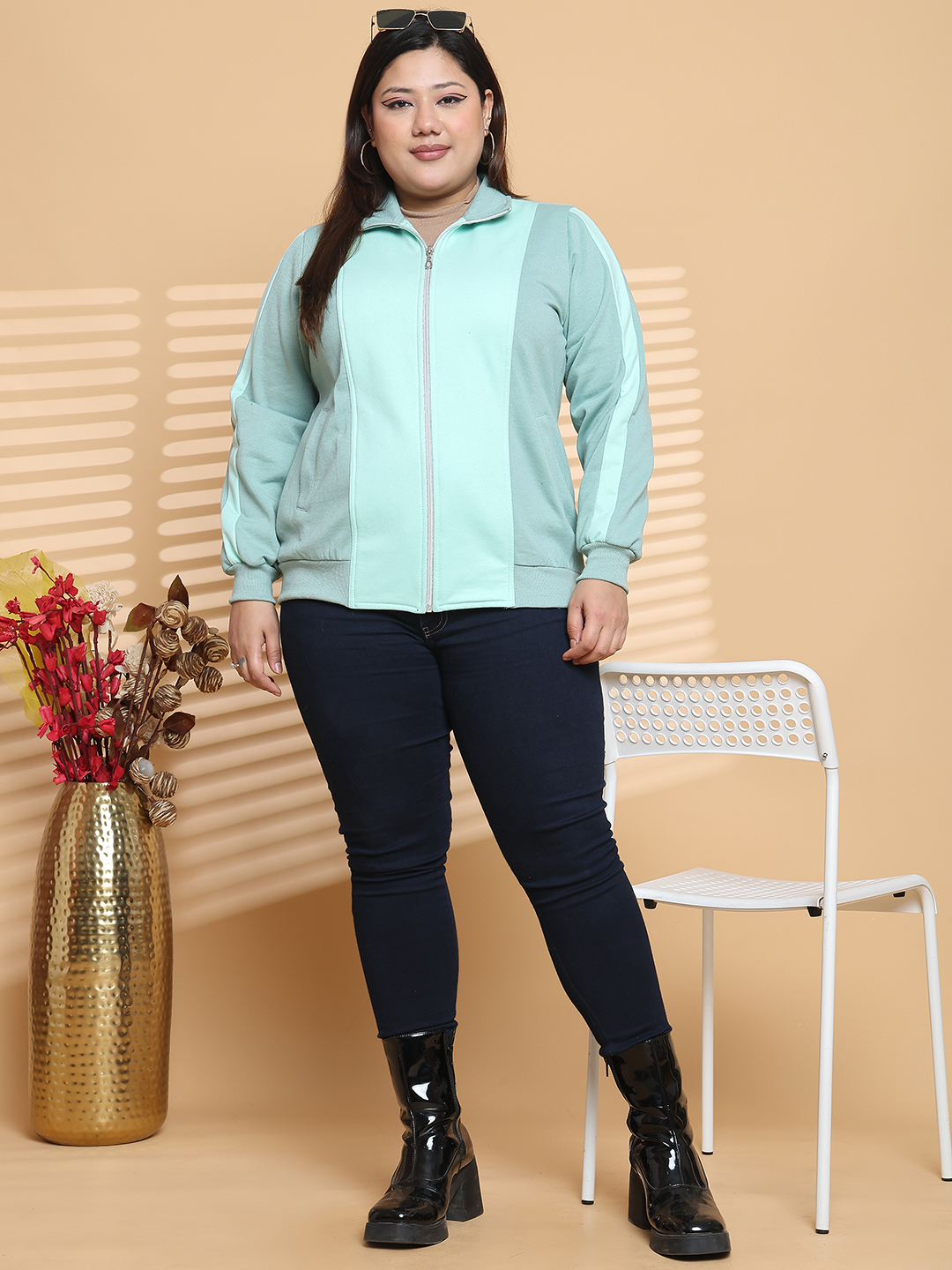 Women's Plus Size Light Green & Sea Green color block Fleece winter Jacket