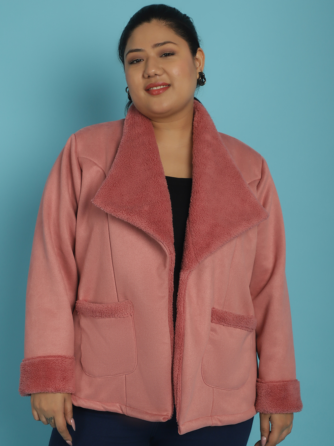 Women's Plus Size Pink Solid Color bonded Fur Jacket
