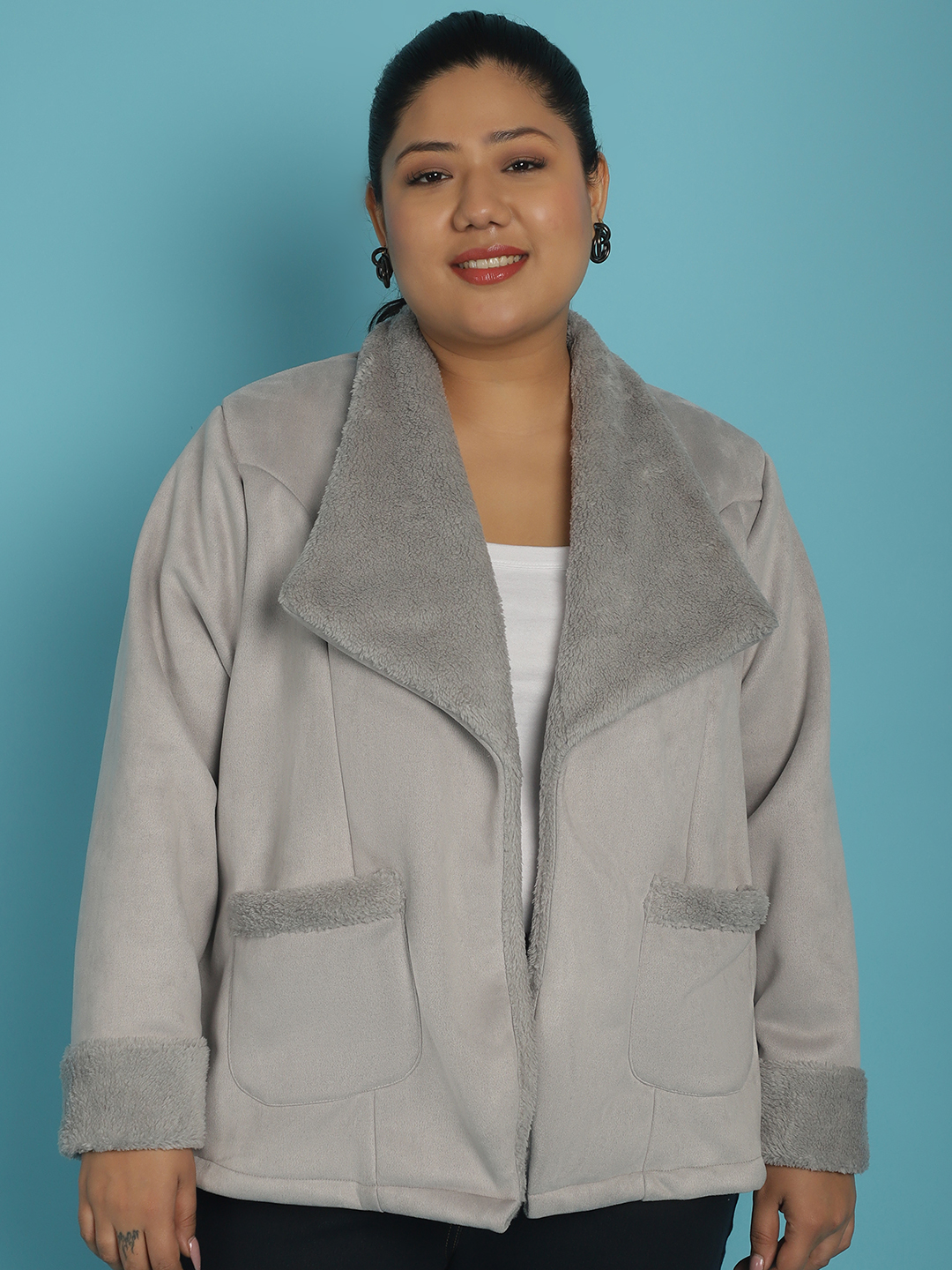Women's Plus Size Grey Solid Color bonded Fur Jacket