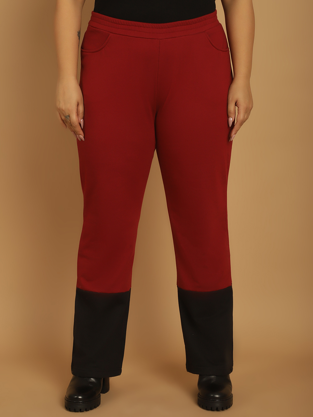 Women's Plus Size Maroon & Black Color Block Winter Trouser