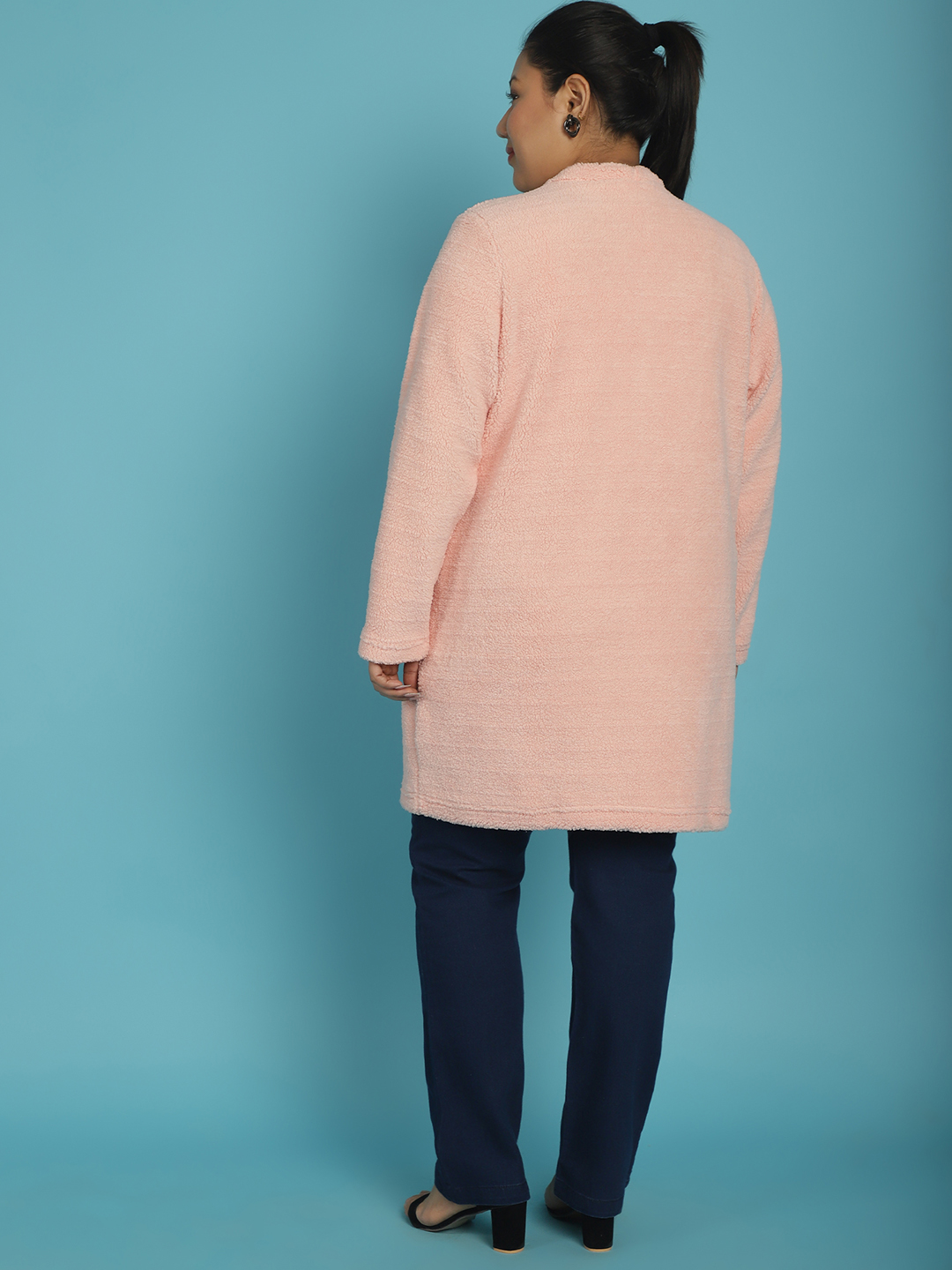 Women's Plus Size Pink Solid Color Teddy Longline Jacket